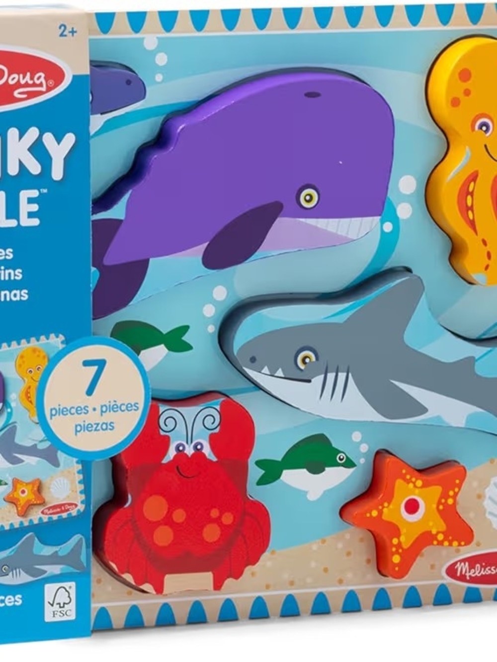 Melissa & Doug Wooden Big Pieces Ocean Creature Puzzle – 7 Pieces, Kids Toys
